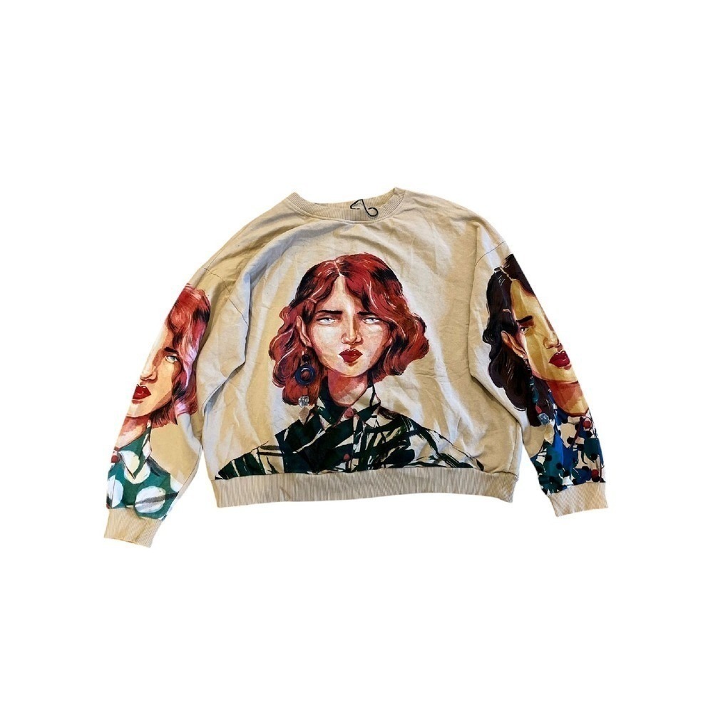 Zara Graphic Print Sweatshirt Crewneck Pullover Casual Top Beige L‎